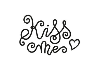 Modern mono line calligraphy lettering of Kiss me in black with heart isolated on white background