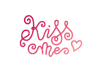 Fototapeta na wymiar Modern mono line calligraphy lettering of Kiss me in pink decorated with heart and texture on white