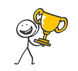 Glückliches Strichmännchen mit goldenem Pokal