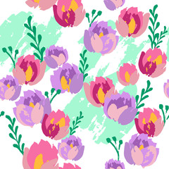 Seamless pattern with pink and purple flowers on white green background