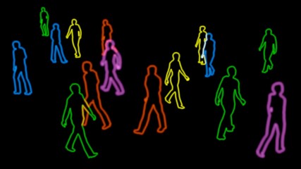 Colorful people walking .Isolated on black background. Body outlines only. 3d render. 