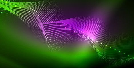 Glowing abstract wave on dark, shiny motion, magic space light. Techno abstract background