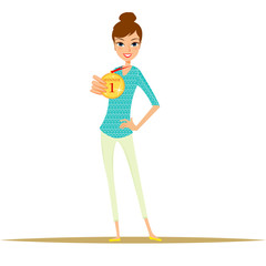 Smiling woman character with medal of first place in hand