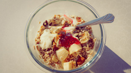 Healthy breakfast oatmeal with fruits