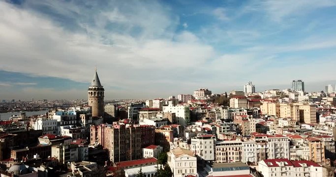 Galata tower in Istanbul, Turkey. Aerial drone shot from above, city centre, downtown. Sunset.