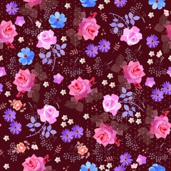 Seamless floral ditsy pattern with roses, bell, cosmos and umbrella flowers, daisy, leaves and polka dots on purple background. Print for fabric.