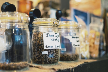 Coffee Bean in Glass Jar. Arabica Coffee Variant Java Ijen Raung with Honey Process and Roast in...