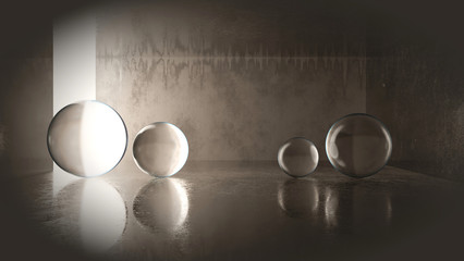 Abstract Glass ball placed in reflection background, 3D rendering
