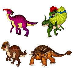 Set of dinosaurs. Isolated vector illustration. Ankylosaurus,  pachy, dilophosaurus, parasaurolophus