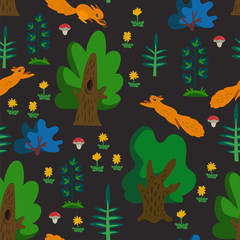 Vector seamless pattern with summer forest. Color texture with cute squirrels, trees, flowers and herbs isolated on dark background. Cartoon animal characters and natural elements.