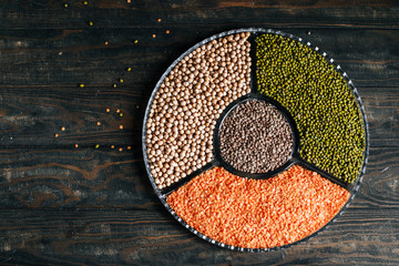 Various legumes red lentils, mung beans and chickpeas in a glass plate on a wooden table top view