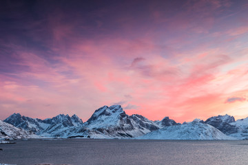 Fototapeta na wymiar Panoramic sunset near Reine in Lofoten Islands, Norway. Magical winter day