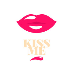 Red lips on white background with inscription Kiss Me. 