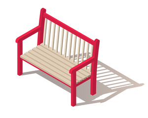 Outdoor park bench. Wooden bench isolated on white background. Isometric vector illustration in flat style with shadow. A place for rest, relaxation and picnic. The element of the Park or grove. 