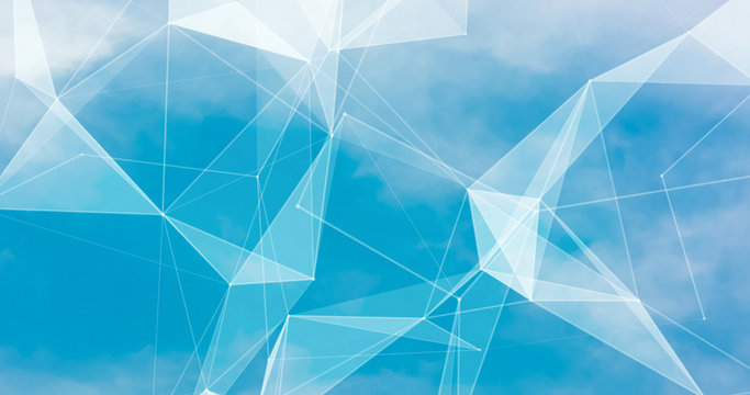 Abstract blurred background blue sky with white clouds in sunlight and geometric poligons texture.