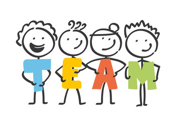 Vier Strichmännchen mit jeweils einem Buchstaben in den Händen bilden das Wort Team