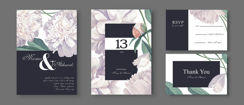 Botanical wedding invitation card. Template design with white peonies flowers and leaves. Modern, realistic style, hand drawn illustration. Collection of Save the Date and RSVP in vector EPS format.