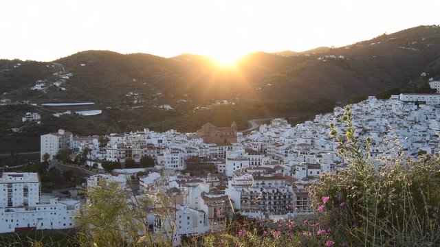 Panoramic view of white village of Andalusia at sunset, Torrox, Spain