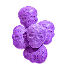 amphetamine, Blue, pink, purple army Skull, Ecstasy, XTC pills isolated on a white background.