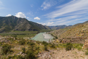 Panoramic view of an Altai mountain Katun river. Place of confluence of Katun and Chuya rivers....