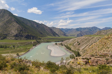 Panoramic view of an Altai mountain Katun river. Place of confluence of Katun and Chuya rivers....