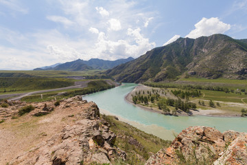 Panoramic view of an Altai mountain Katun river. Place of confluence of Katun and Chuya rivers....