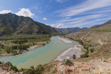 Panoramic view of an Altai mountain Katun river. Place of confluence of Katun and Chuya rivers....