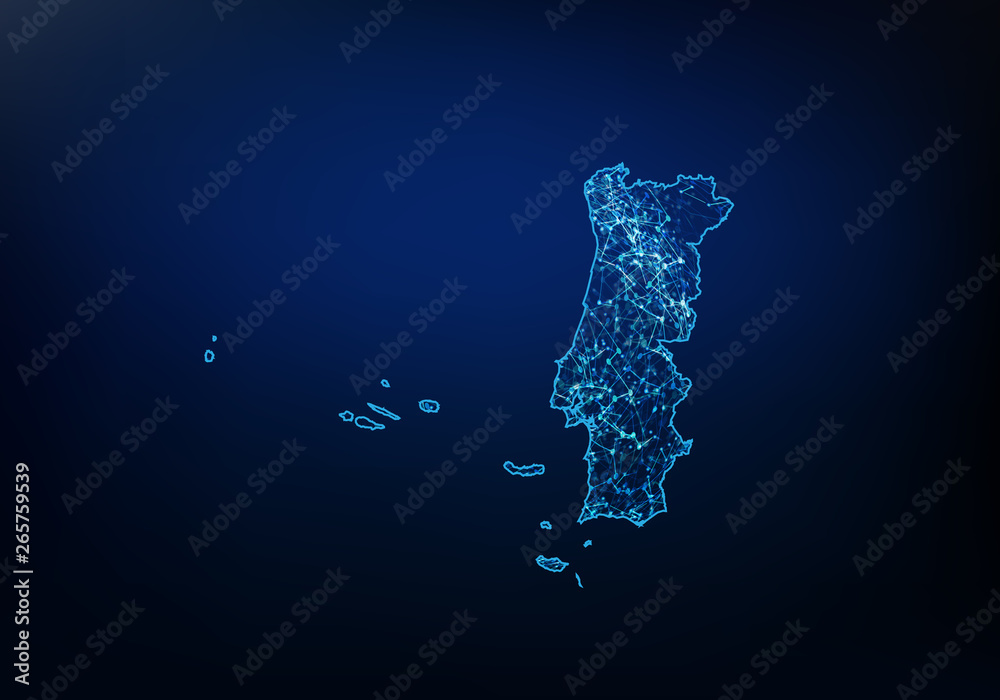 Wall mural abstract of portugal map network, internet and global connection concept, wire frame 3d mesh polygon