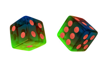 Two glass multi-colored dices, isolated on a white background, without shadow, toned