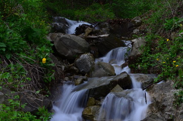 beautiful waterfall with clear water on a mountain stream in the forest