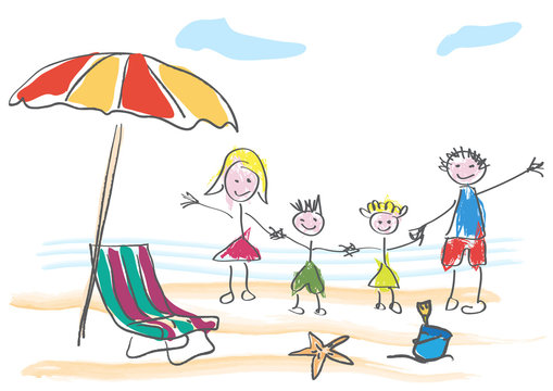 Vector drawing made by a child, happy family on summer vacation at the beach and sea