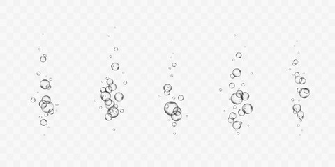 Bubbles underwater set isolated on transparent background. Vector pure gas, oxygen flying in air or under water. Realistic soda effect elements for your design.
