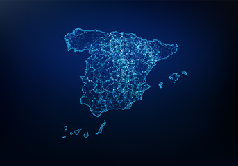Abstract of spain map network, internet and global connection concept, Wire Frame 3D mesh polygonal network line, design sphere, dot and structure. Vector illustration eps 10. - obrazy, fototapety, plakaty