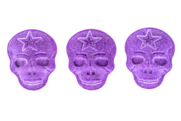 amphetamine, Blue, pink, purple army Skull, Ecstasy, XTC pills isolated on a white background.