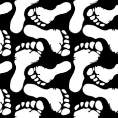 black and white seamless pattern with footprints, human foot shapes on dark flat background, ideal for print, textile, web, and other designs, eps10 vector illustration - 265760560