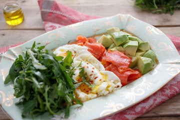 Breakfast with Egg, salmon, avocado and arugula