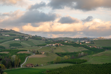 Fototapeta na wymiar Panoramic view of the vineyard hills of the Langhe region in Piedmont, become Unesco World Heritage Site since 2014, with a cloudy blue sky in springtime, Italy 