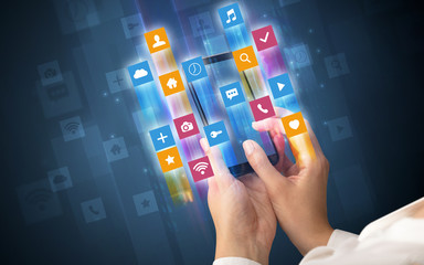 Female hand using smartphone with colorful angular fast switching application icons around