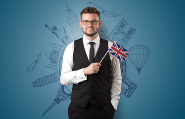 Elegant man with sightseeing concept on the background  and flag on his hand