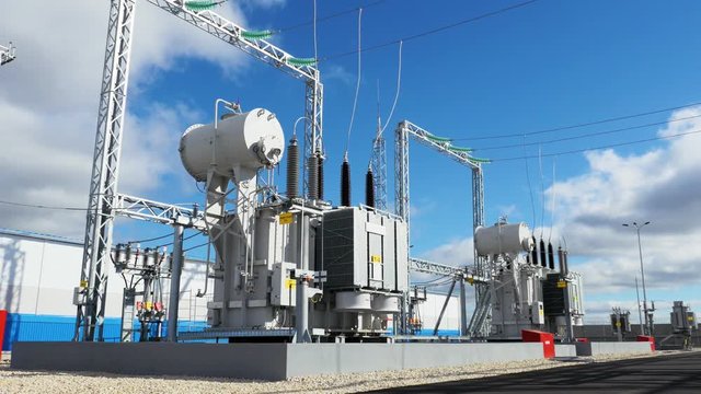 electric substation with power lines and transformers on day