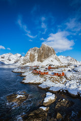 Hamnoy village in Lofoten Islands at mornig in winter, Norway