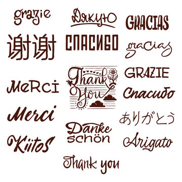 Thanks in different languages, calligraphy lettering handmade
