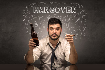 Loser drunk man with drinking, drug, hangover, alcoholic drugs concept
