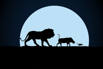 Lion, warthog and woodchuck silhouette on a moon background