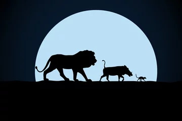 Wandaufkleber Lion, warthog and woodchuck silhouette on a moon background © stas111