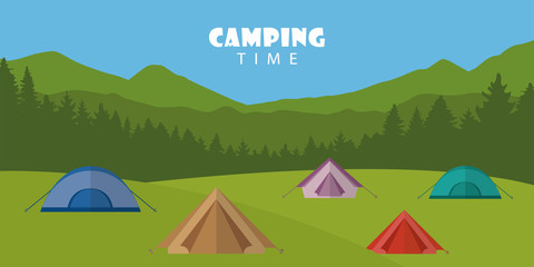 camping time outdoor summer landscape with colorful tents vector illustration EPS10