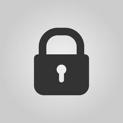 Padlock icon template. Black lock isolated on white background. Silhouette padlock for applications, sites. Private access icon, restricted access. Vector illustration.