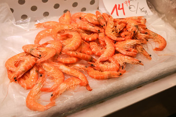 La Boqueria market in Barcelona. Seafood. National spanish traditions.