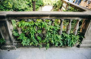 Spanish and Italian style architecture. Old stone wall and balcony with green plants.