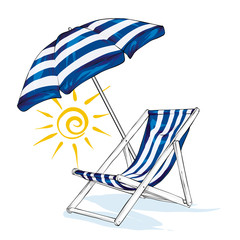 Beach chaise longue, umbrella and sun. Summer and relaxation by the sea. Vector illustration.